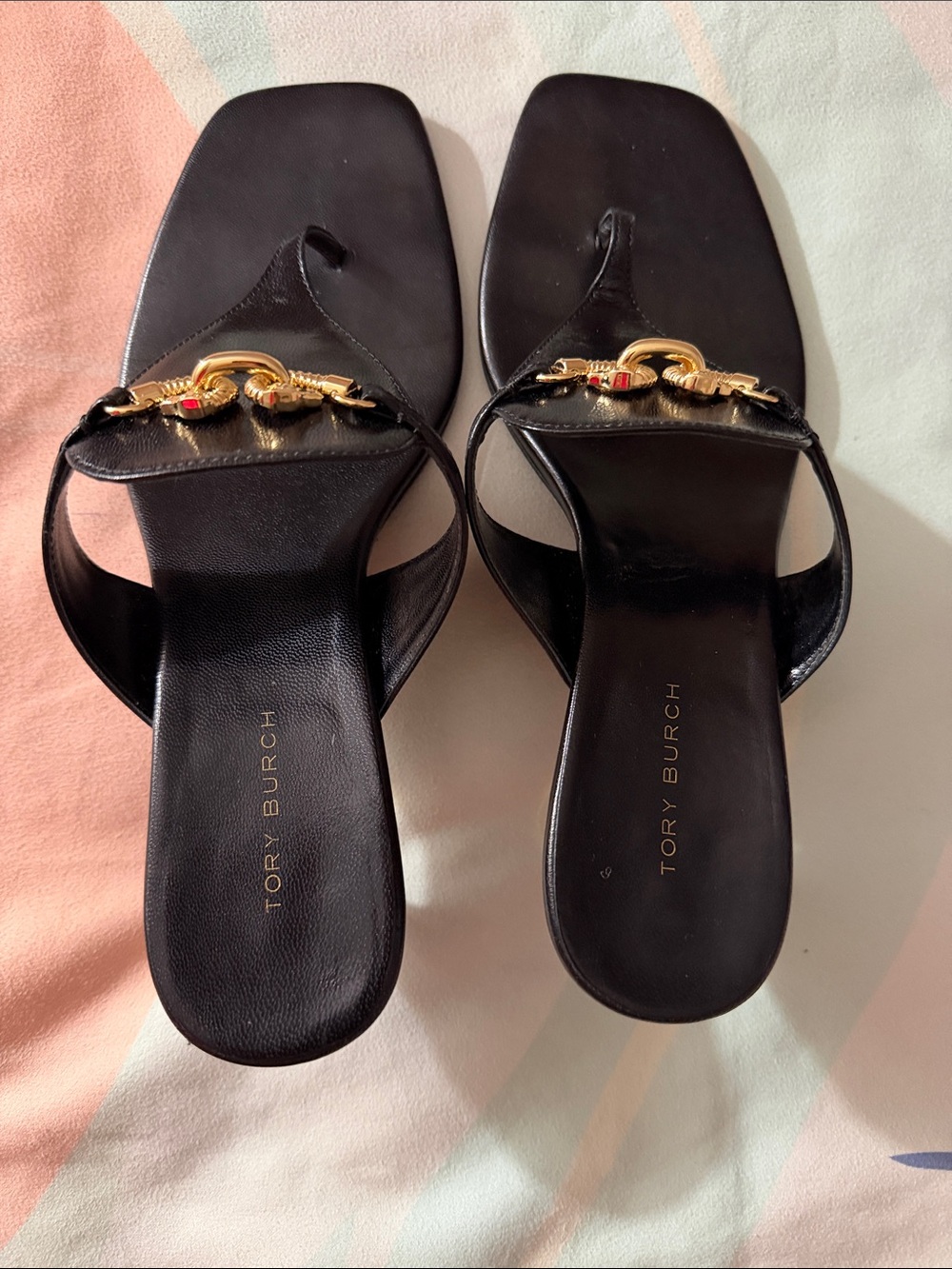 Tory Burch Black Leather Thong Sandals with Gold Hardware